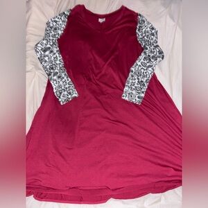LuLaRoe Red Dress with Black and White Patterned Sleeves